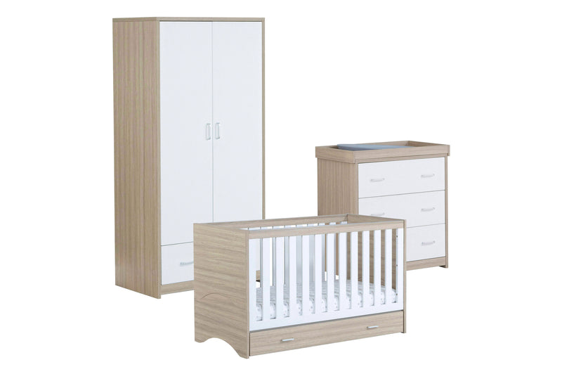 Babymore Veni White Oak Room set 3 pieces - Cot Bed with drawer, Chest & Wardrobe