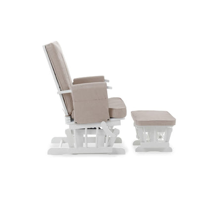 Obaby Deluxe Reclining Glider Chair And Stool - WHITE with SAND CUSHION