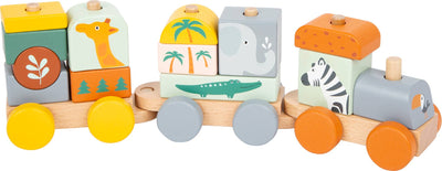 Small Foot - Wooden "Safari" 3 Carriage Train & Blocks Pull Along Toy