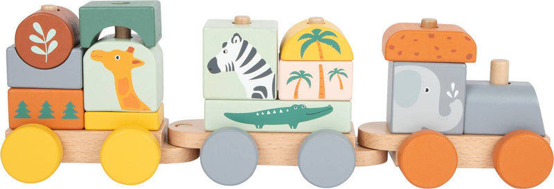 Small Foot - Wooden "Safari" 3 Carriage Train & Blocks Pull Along Toy